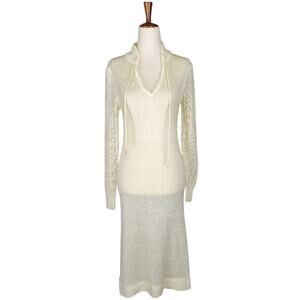 Vintage Crochet Dress 70's Cream Long-sleeved Midi Dressworks By Alberoy - Small
